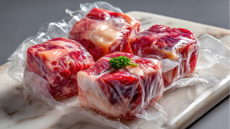 Four cuts of beef are vacuum sealed to retain freshness, displayed on a marble surface. Ideal for culinary professionals or home cooking enthusiasts.の素材