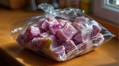 This image features a clear plastic bag filled with freshly cut cubes of raw pork, resting on a wooden surface, ideal for culinary projects.の素材