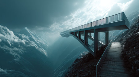 A stunning overlook bridge spans a misty valley, surrounded by towering mountains and dynamic clouds. The ethereal light creates a tranquil atmosphere, inviting exploration.の素材