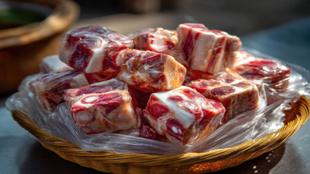 A vibrant collection of freshly cut meat pieces displayed in a woven basket, showcasing the rich textures and colors that inspire culinary creations.の素材