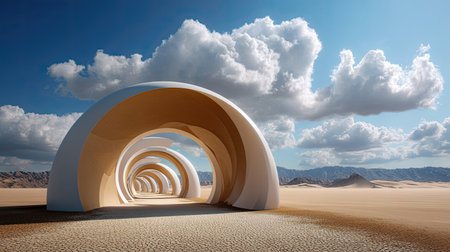 Explore this stunning surreal landscape featuring unique archways set against a vibrant sky with dramatic clouds, evoking a sense of tranquility and wonder.の素材