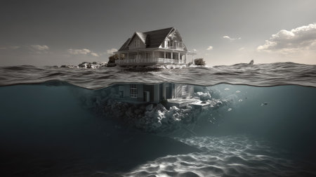 This striking image showcases a surreal house partially submerged underwater, creating an eerie yet tranquil scene. The dramatic light highlights the unique composition and reflective water surface.の素材