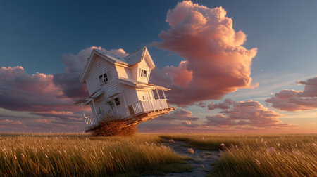 A whimsical scene featuring a surreal tilted white house sitting in a lush meadow during sunset. The dramatic clouds and golden grass create an enchanting atmosphere.の素材