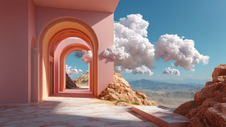 A captivating view of a serene archway leading to distant mountains under a striking cloudy sky. The warm peach hues create inviting tranquility.の素材