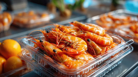 A beautiful array of freshly cooked shrimp is showcased in a clear plastic container, highlighting their vibrant orange color and glossy texture. Perfect for culinary enthusiasts.の素材