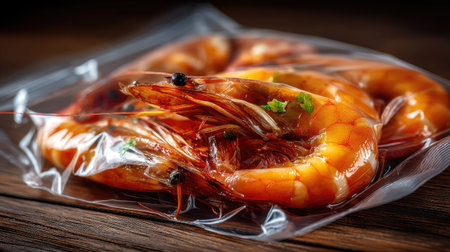 This image features freshly packed shrimp in a vacuum sealed bag, emphasizing vibrancy and detail. Perfect for culinary presentations or food marketing.の素材