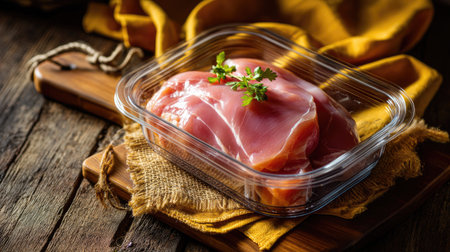 A visually appealing image of fresh raw chicken breast placed in a clear plastic container on a wooden surface, accompanied by yellow fabric, perfect for culinary use.の素材
