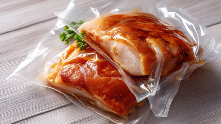 High-quality marinated chicken breasts vacuum sealed for enhanced flavor and freshness. Perfect for gourmet cooking and meal preparation adventures.の素材