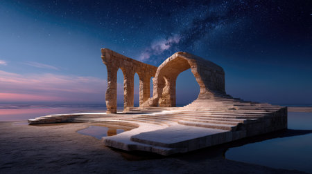 Captivating ancient ruins illuminated by soft twilight, set against a breathtaking starry sky. The tranquil water reflects the stunning milky way, creating an enchanting landscape ideal for exploration and serene moments.の素材
