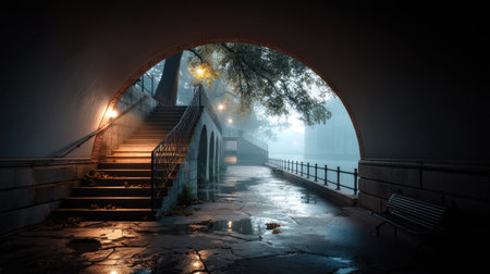 A captivating scene featuring a foggy evening at a historic archway. The tranquil waterway and soft light create a serene atmosphere, perfect for quiet reflection.の素材