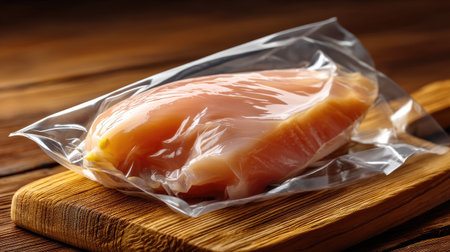 A fresh, raw chicken breast in vacuum-sealed packaging sits prominently on a wooden cutting board, symbolizing food preparation and culinary possibilities.の素材
