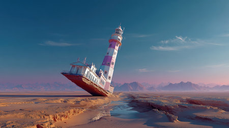 A captivating image of a leaning lighthouse in a vast desert landscape, featuring a stunning dawn sky with vibrant colors and distant mountains.の素材