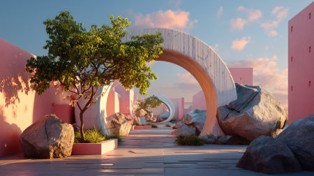 This serene courtyard showcases elegant architectural arches blending with lush greenery, featuring natural stones, and vibrant landscaping under a beautiful sky.の素材