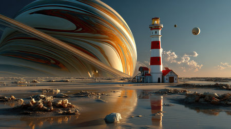 A captivating surreal landscape featuring a striking lighthouse beside calm waters, with Saturn and distant planets beautifully illuminating the sky.の素材
