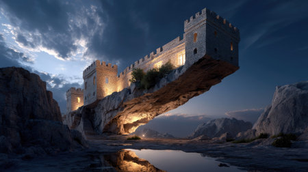 A mesmerizing floating castle perched atop a rocky cliff, illuminated against a twilight sky. The dramatic clouds reflect in the tranquil waters below, creating an enchanting scene that evokes a sense of wonder and adventure.の素材