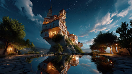 A stunning fairy tale castle perched on a cliff under a star-filled sky. The enchanting scene features a calm water reflection, lush trees, and a cobblestone path, evoking a sense of magic and adventure.の素材