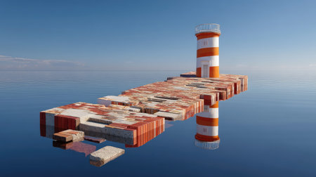 A colorful lighthouse stands proudly on a unique floating structure, reflecting beautifully in the calm waters. The stunning scene captures a tranquil moment in nature.の素材