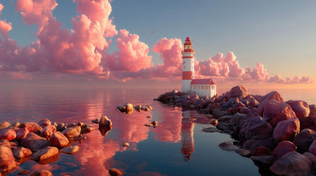 A picturesque lighthouse stands majestically by calm waters, under a sky painted with vibrant pink clouds at sunset. The serene landscape reflects tranquility and beauty.の素材