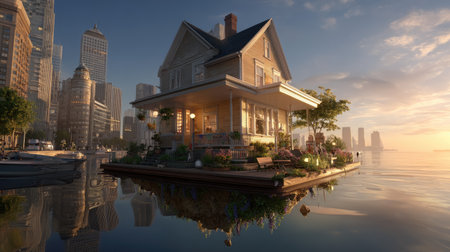 This serene image features a charming waterfront home surrounded by lush greenery and modern skyscrapers, reflecting a calming sunset atmosphere.の素材