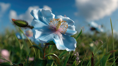 A stunning blue flower stands out in a lush green field, surrounded by gentle grass and softly floating clouds, capturing the essence of nature's beauty.の素材