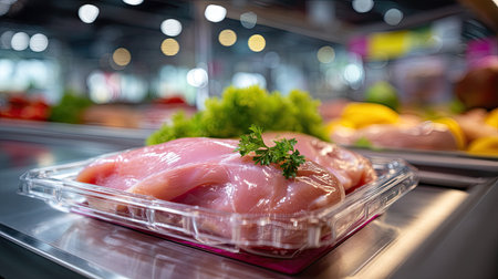 A close-up view of fresh raw chicken breast with a green garnish, beautifully displayed in a modern supermarket setting, showcasing vivid lighting and freshness.の素材