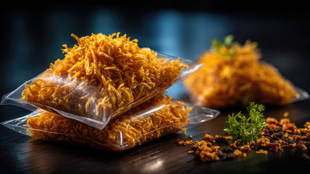 A visually appealing arrangement of packaged vermicelli snacks, showcasing the vibrant golden color and garnished with fresh herbs, perfect for culinary enthusiasts.の素材