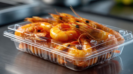 A vibrant display of fresh cooked shrimp presented in a clear plastic container, ideal for gourmet meals and special occasions in a modern kitchen.の素材