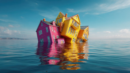 A surreal scene featuring colorful houses partially submerged in calm water under a clear blue sky, reflecting vibrant colors and creating an imaginative atmosphere.の素材