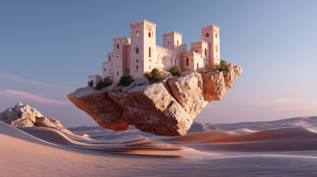 A surreal scene featuring a mystical floating castle balanced on a rocky perch amidst a vast desert landscape, illuminated by warm sunset hues.の素材