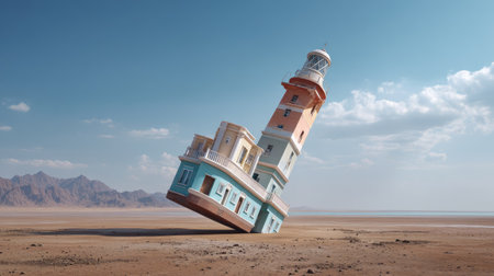 This captivating image features a leaning lighthouse in a vast desert landscape. The colorful structure contrasts beautifully with the dry terrain, creating a surreal atmosphere.の素材