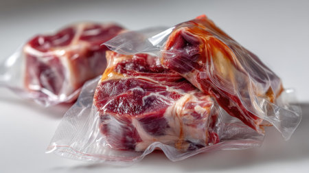This stock photo features vacuum sealed fresh cuts of organic red meat, ideal for culinary enthusiasts and chefs seeking quality ingredients for various dishes.の素材