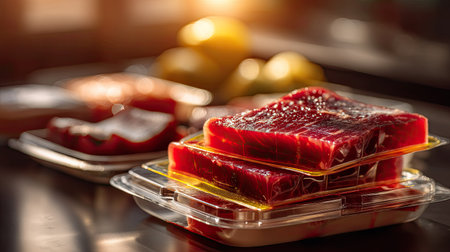 A captivating scene showcasing vibrant jelly desserts in transparent containers, illuminated by natural light, surrounded by fresh fruits. Perfect for food enthusiasts.の素材