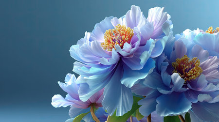 This stunning close-up of lush blue and purple peony flowers captures their intricate petals and vibrant colors, evoking a sense of tranquility and beauty.の素材
