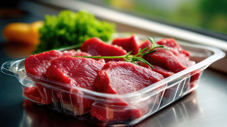 Fresh raw beef cuts displayed in a transparent plastic tray, garnished with green herbs against a kitchen background. Perfect for culinary creations.の素材