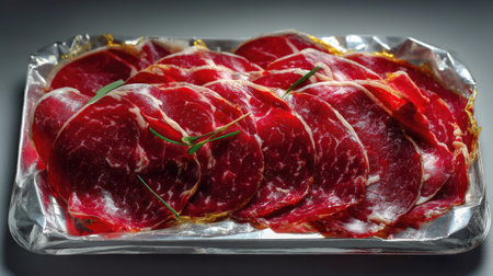 This image features thinly sliced premium beef carpaccio arranged elegantly on a silver tray, showcasing rich red color and garnished lightly for an artistic presentation.の素材