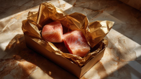 Fresh raw fish fillets elegantly wrapped in gold foil rest in a decorative box on a stylish marble background, highlighting gourmet culinary art.の素材