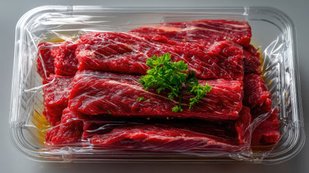 A vibrant display of fresh raw beef strips neatly arranged in a clear plastic tray, garnished with green herb, ideal for culinary use and meal preparation.の素材