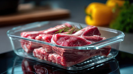 This image showcases fresh raw meat cuts arranged attractively in a glass dish, adorned with rosemary, set against a kitchen background with vibrant vegetables.の素材