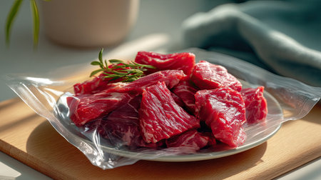 This image showcases fresh raw beef packaged in vacuum-sealed plastic, perfect for meal preparation. The vibrant red color and herbs enhance its culinary appeal.の素材
