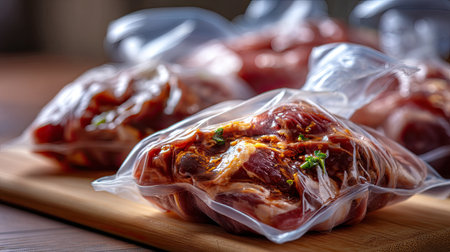 This image captures fresh raw meat sealed in vacuum packaging, placed on a wooden cutting board, emphasizing preservation and culinary freshness.の素材