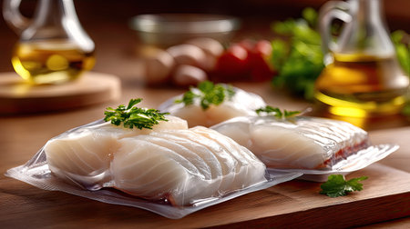 Freshly packed slices of fish arranged beautifully on a wooden table, accompanied by olive oil and fresh ingredients, ideal for culinary showcases.の素材