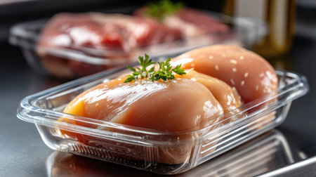 Fresh raw chicken breasts display a succulent appearance in a transparent plastic container, garnished with green herbs, ideal for meal prep and culinary uses.の素材