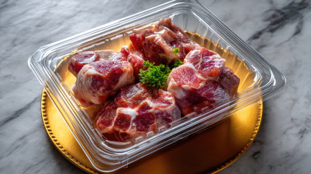 Fresh cuts of raw meat displayed in transparent packaging on a decorative plate, perfect for culinary presentation in a modern kitchen setting.の素材