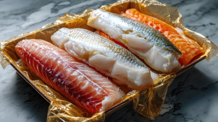An enticing display of assorted raw fish fillets arranged on gold foil within a tray, perfect for culinary enthusiasts. Ideal for sushi or gourmet dishes.の素材