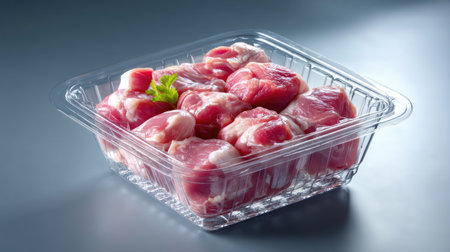 This stock photo showcases fresh meat cubes presented in a clear plastic container, ideal for culinary uses, meal preparation, or recipe creation.の素材