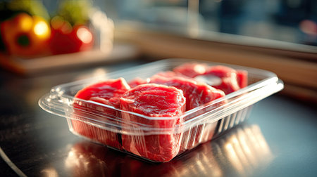 A collection of fresh raw meat cuts presented in a transparent plastic container sits by a sunlit window, accompanied by vibrant vegetables, highlighting culinary freshness.の素材