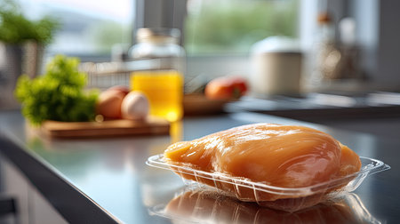 A fresh raw chicken breast rests on a kitchen counter, surrounded by vibrant vegetables and cooking ingredients, perfect for meal preparation.の素材