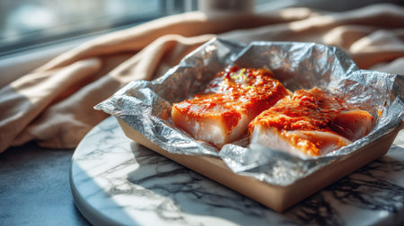 A beautifully arranged plate of fish fillets with a rich savory sauce, capturing the essence of home cooking with a cozy ambiance and natural light.の素材
