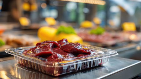 Fresh beef liver presented in a clear plastic container on a retail counter, showcasing vibrant colors and quality for culinary enthusiasts.の素材