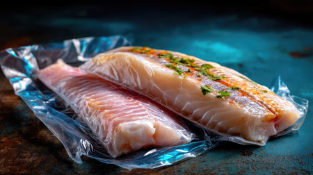 Two fresh fish fillets are displayed in transparent packaging, featuring vibrant colors and hints of herbs, set against a rustic surface, ideal for culinary use.の素材